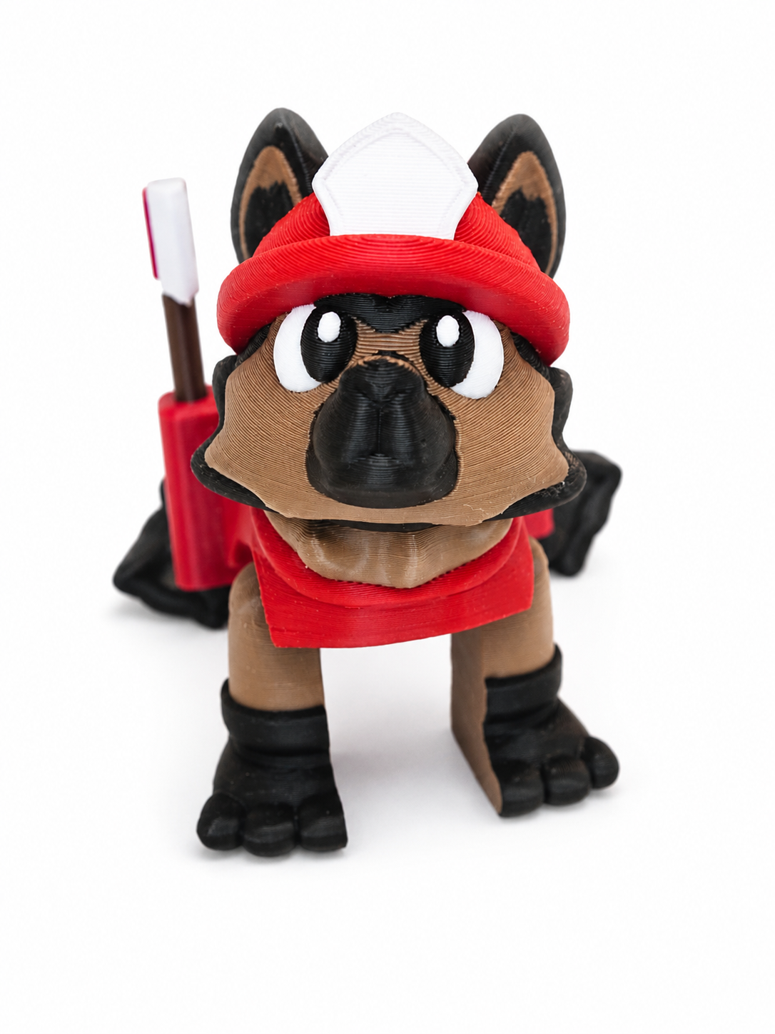 The Tween Space 3D printed firefighter dog toy with red helmet and removable axes on a clean white background