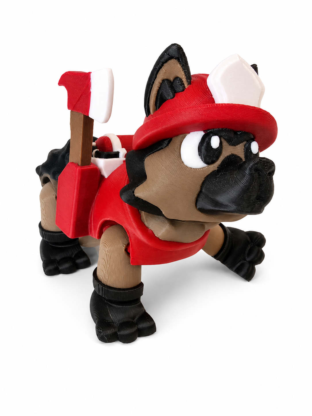 Side view of The Tween Space 3D printed firefighter dog toy with removable axe accessories on the harness
