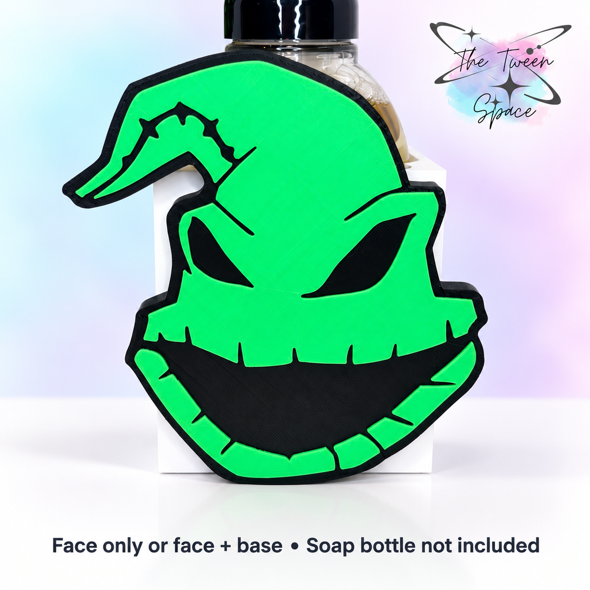 Green Burlap Dude interchangeable face by The Tween Space, shown on a standard base with soap bottle for display; choose face only or face plus base.