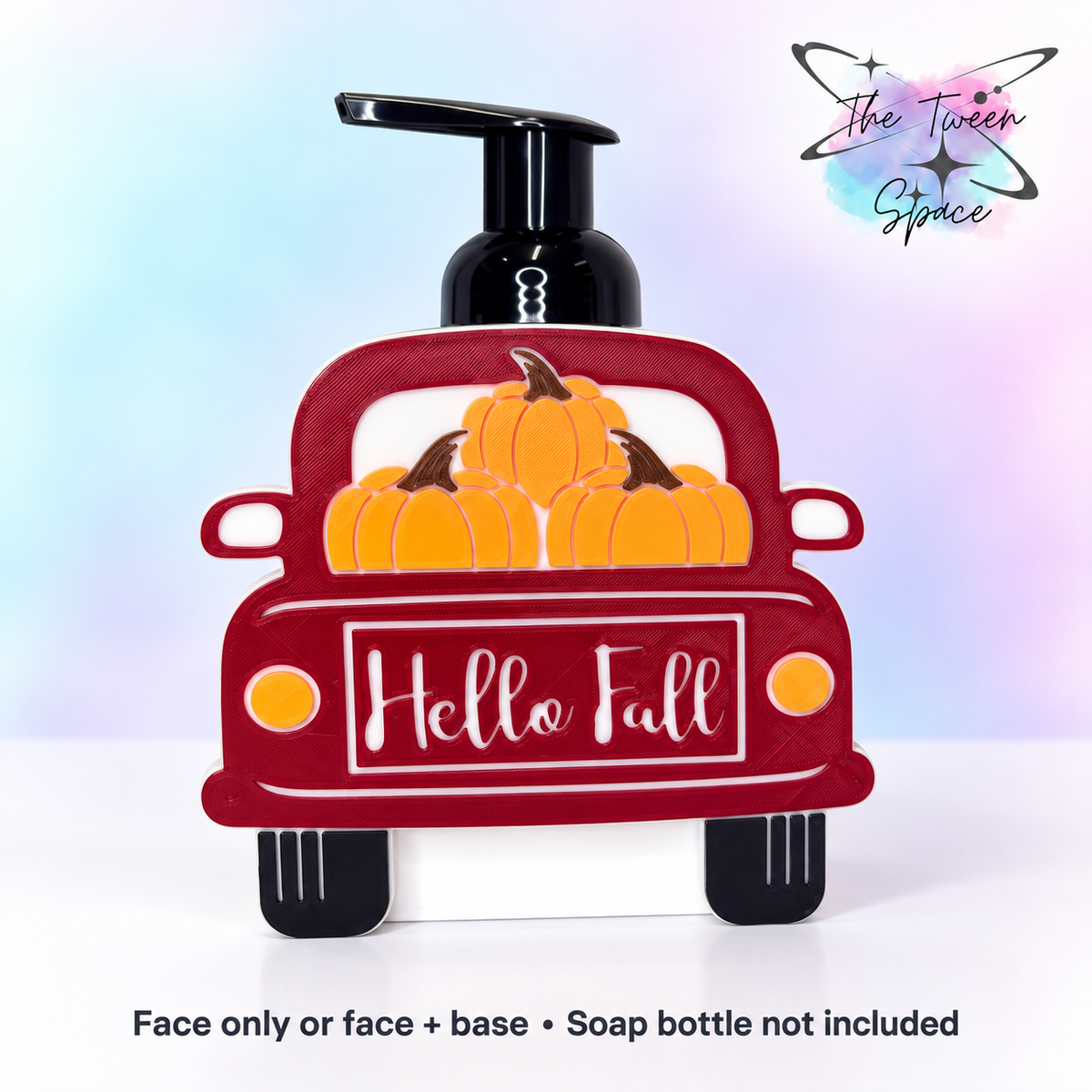 Hello Fall Red Truck interchangeable face by The Tween Space; choose face only or face plus a standard soap-holder base. Soap bottle is for display only.