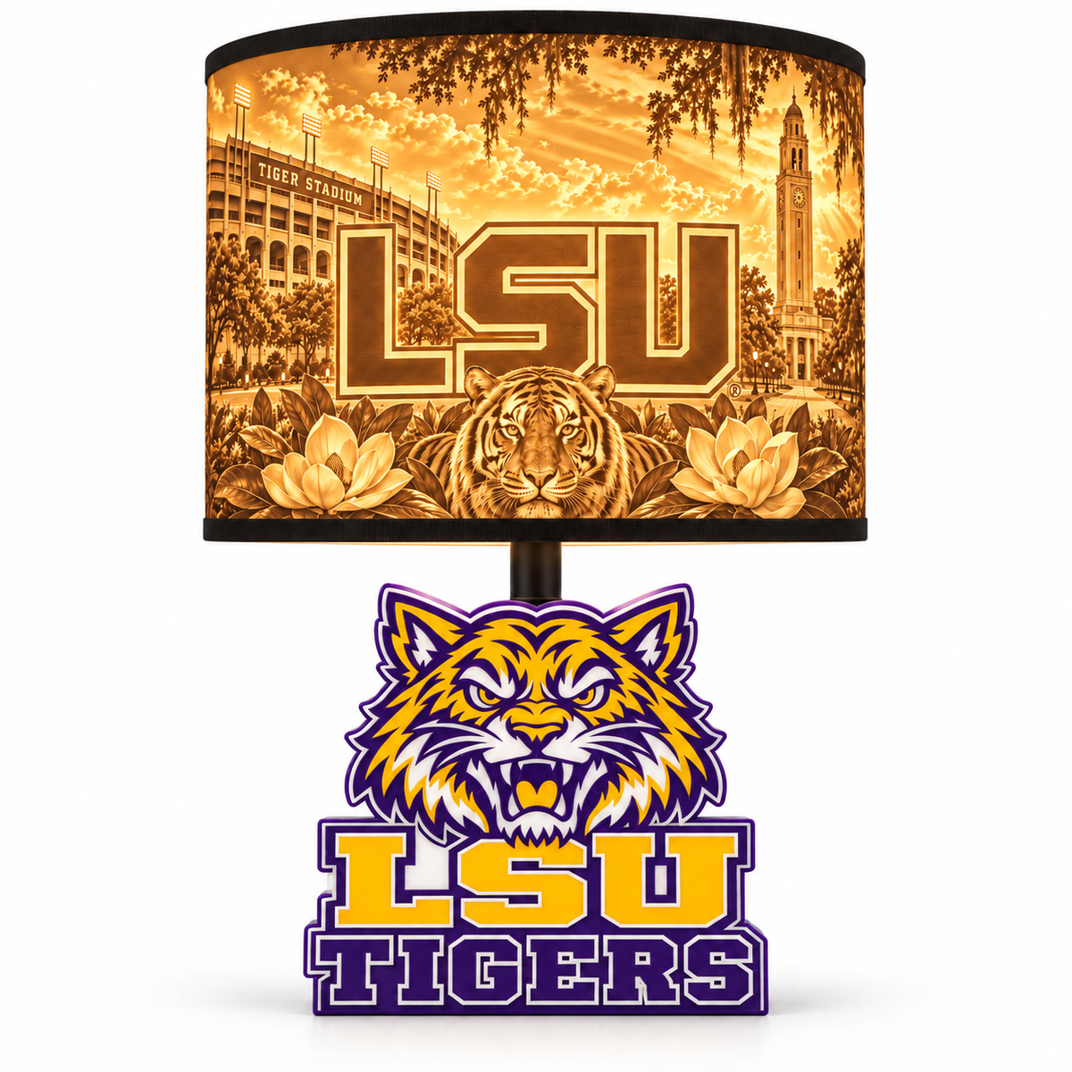 LSU Tigers Lithophane LED Table Lamp by The Tween Space, illuminated on a plain white background.