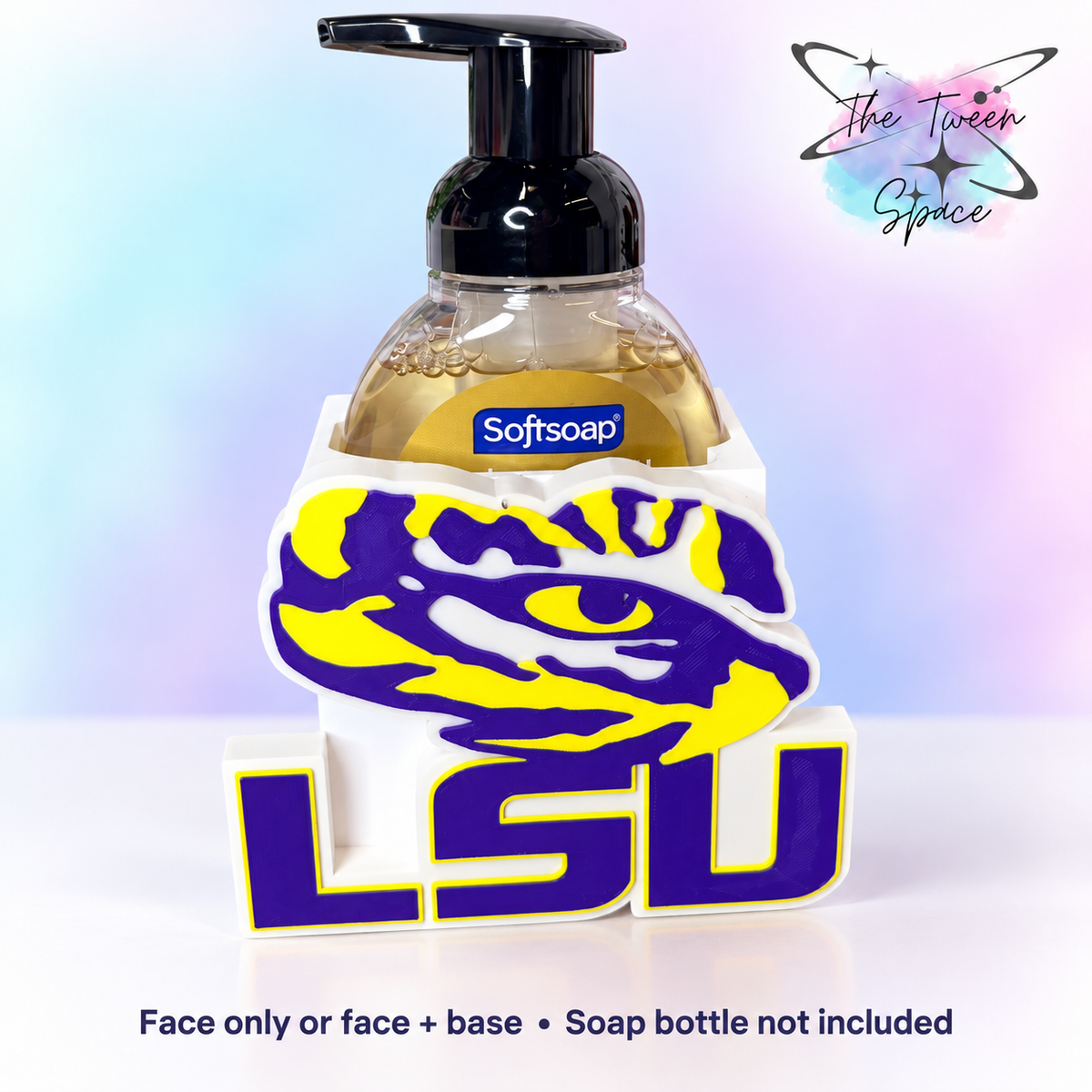 LSU Tigers interchangeable face by The Tween Space; choose face only or face plus a standard soap-holder base. Soap bottle is for display only.