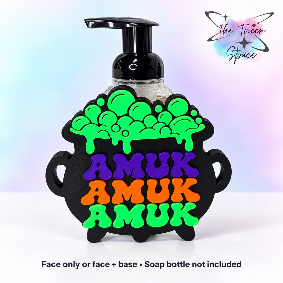 Magic Cauldron interchangeable face by The Tween Space; choose face only or face plus a standard soap-holder base. Soap bottle is for display only.