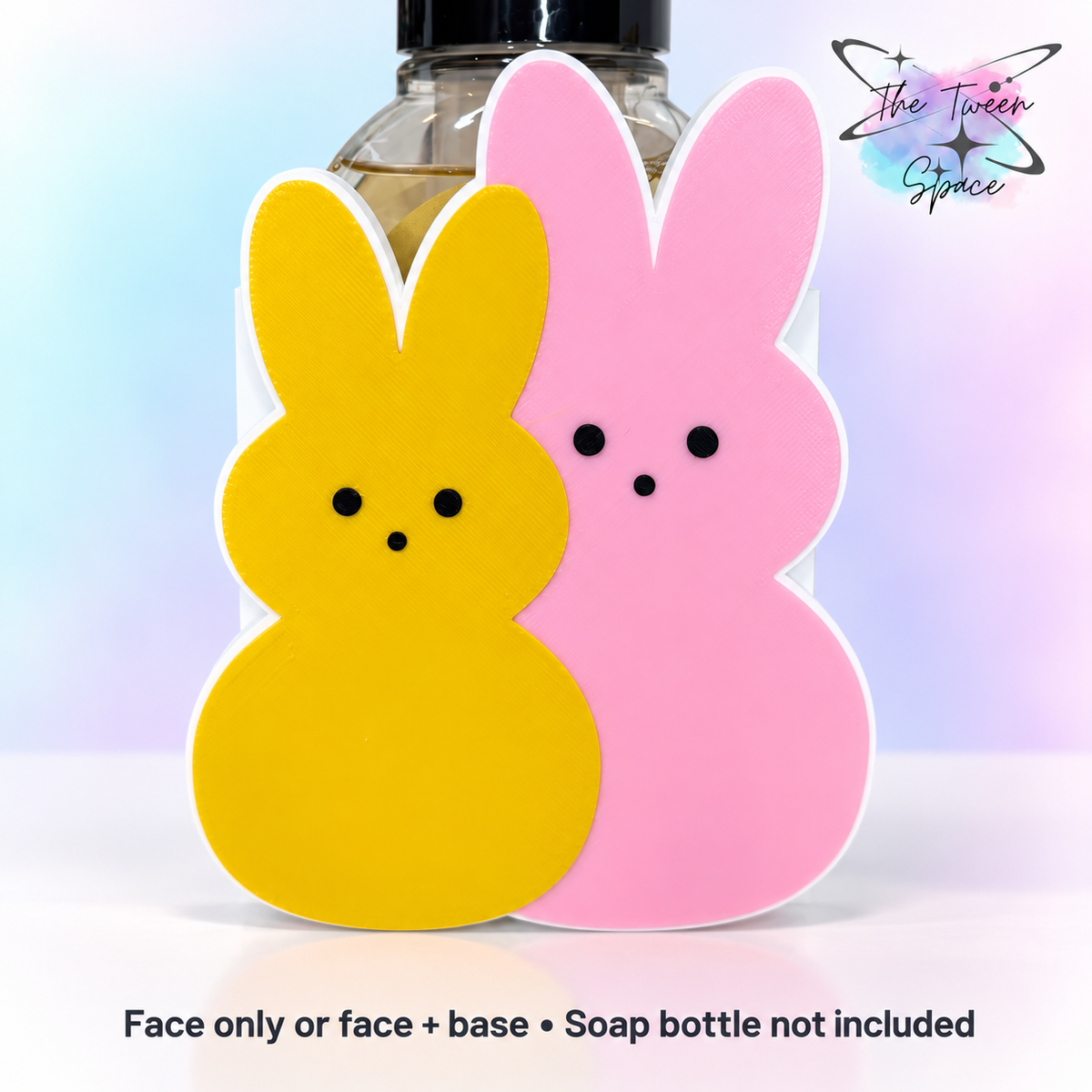 Marshmallow Bunnies interchangeable face by The Tween Space, shown on a standard base with soap bottle for display; choose face only or face plus base.