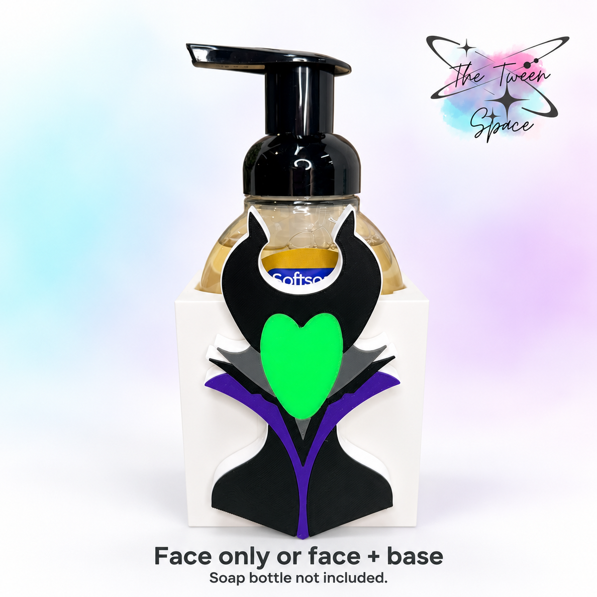 Mistress of All Evil interchangeable decorative face on a white base, with The Tween Space branding; soap bottle shown for display and not included