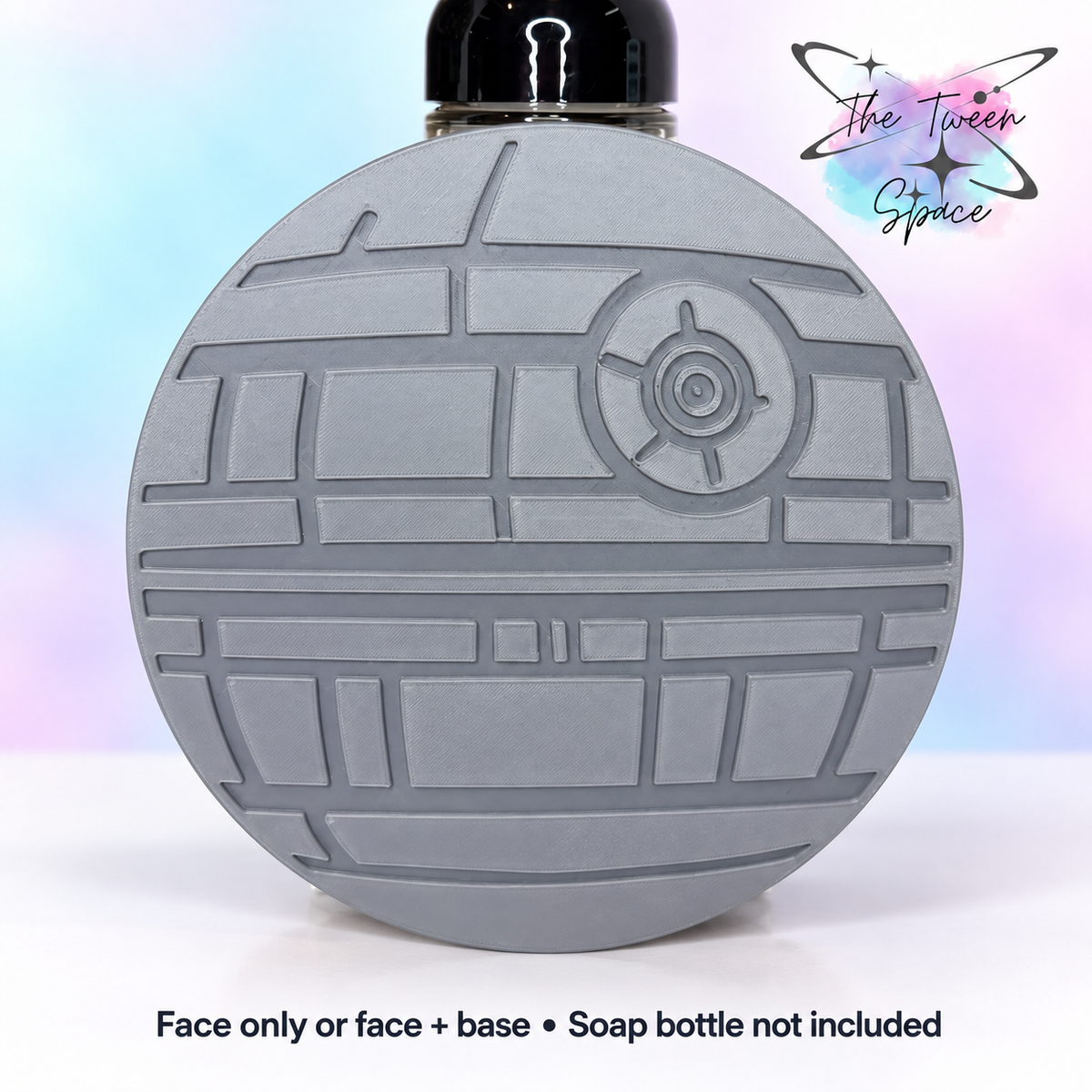 Orbital Battle Station interchangeable face by The Tween Space; choose face only or face plus a standard soap-holder base. Soap bottle is for display only.