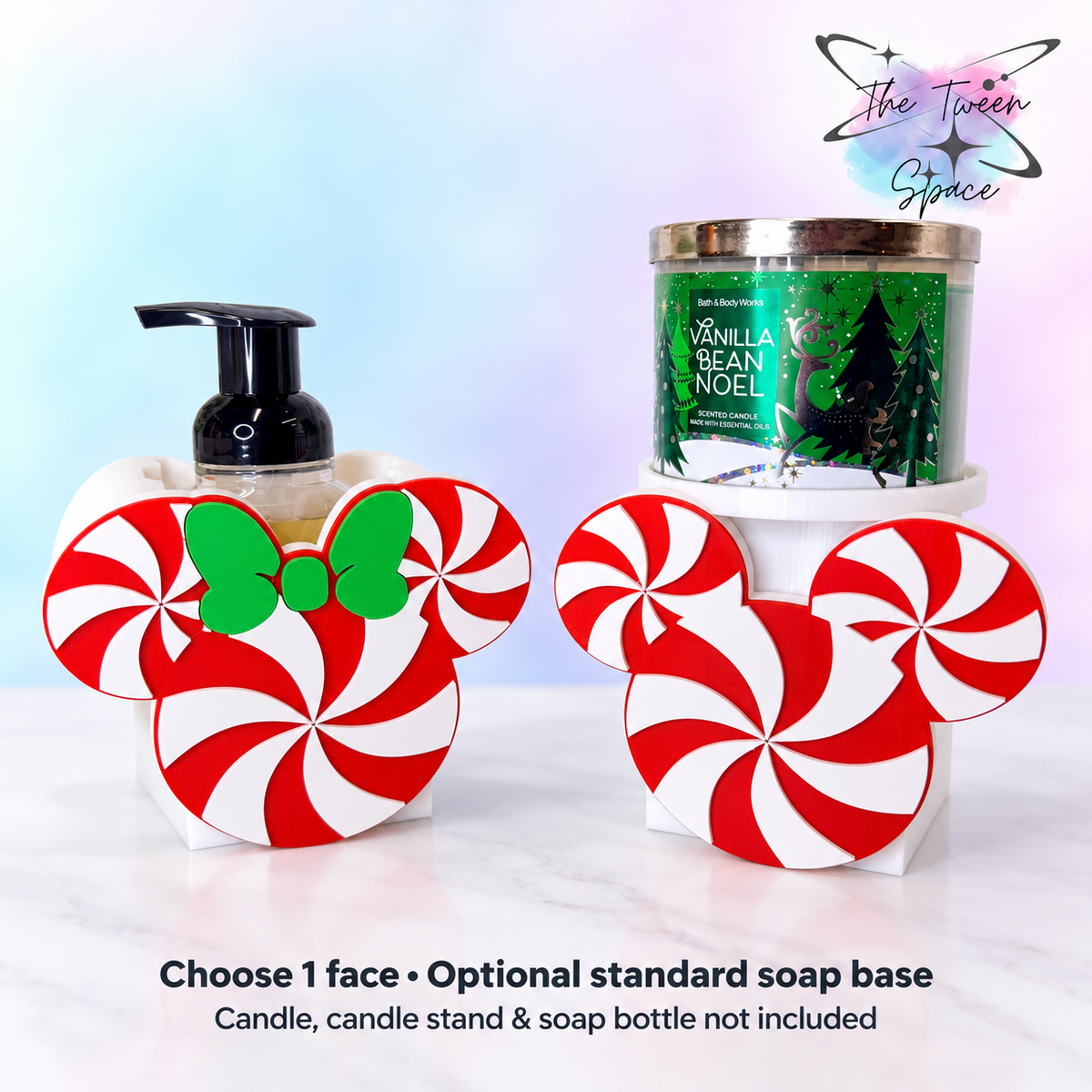 Peppermint Mouse interchangeable faces in Plain and Green Bow designs; choose one face or one face plus a standard soap base. Candle, candle stand and soap bottle not included.