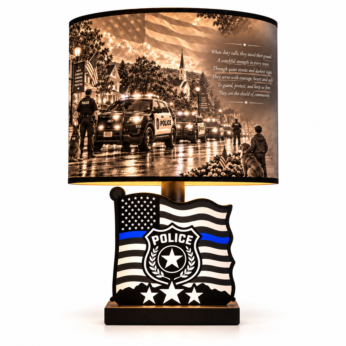 Police Tribute Lithophane LED Table Lamp by The Tween Space, illuminated on a plain white background.