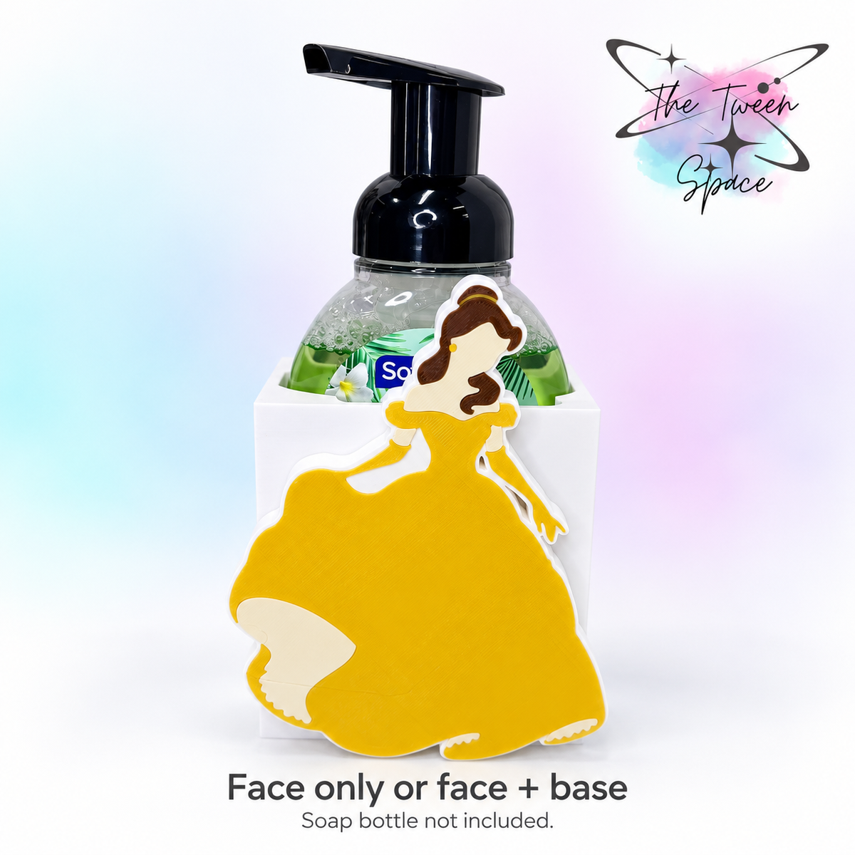 Book Lover Princess interchangeable decorative face on a white base, with The Tween Space branding; soap bottle shown for display and not included