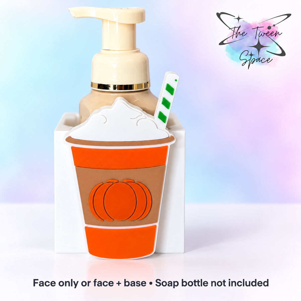 Pumpkin Spice Latte interchangeable face by The Tween Space, shown on a standard base with soap bottle for display; choose face only or face plus base.