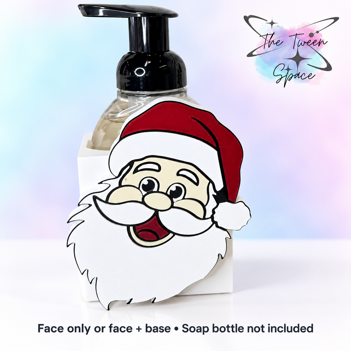 Santa Face interchangeable face by The Tween Space, shown on a standard base with soap bottle for display; choose face only or face plus base.