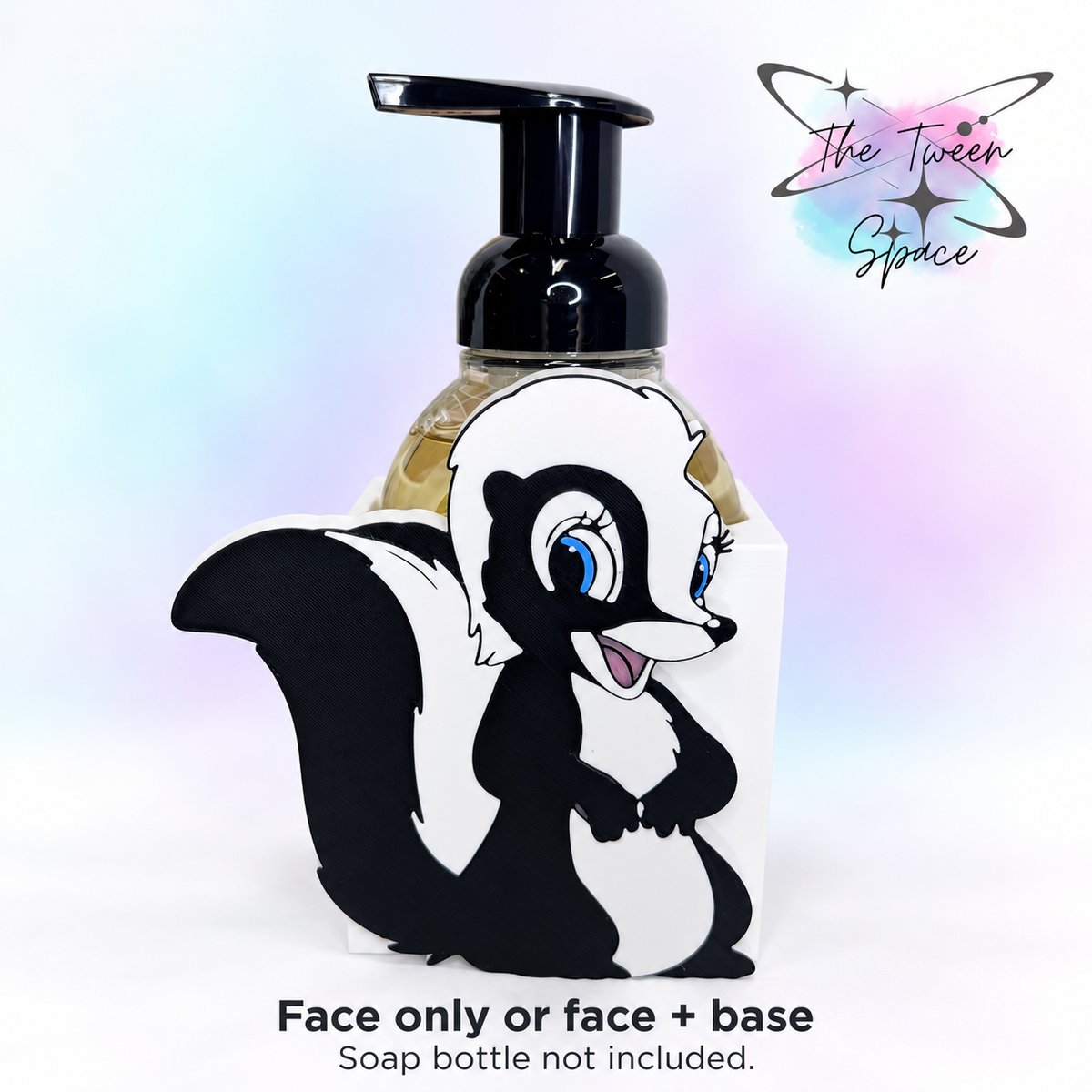 Cute Skunk interchangeable decorative face on a white base, with The Tween Space branding; soap bottle shown for display and not included