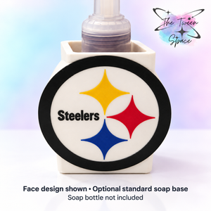Pittsburgh Steelers interchangeable face artwork shown on a display holder. Optional standard soap base; bottle not included.