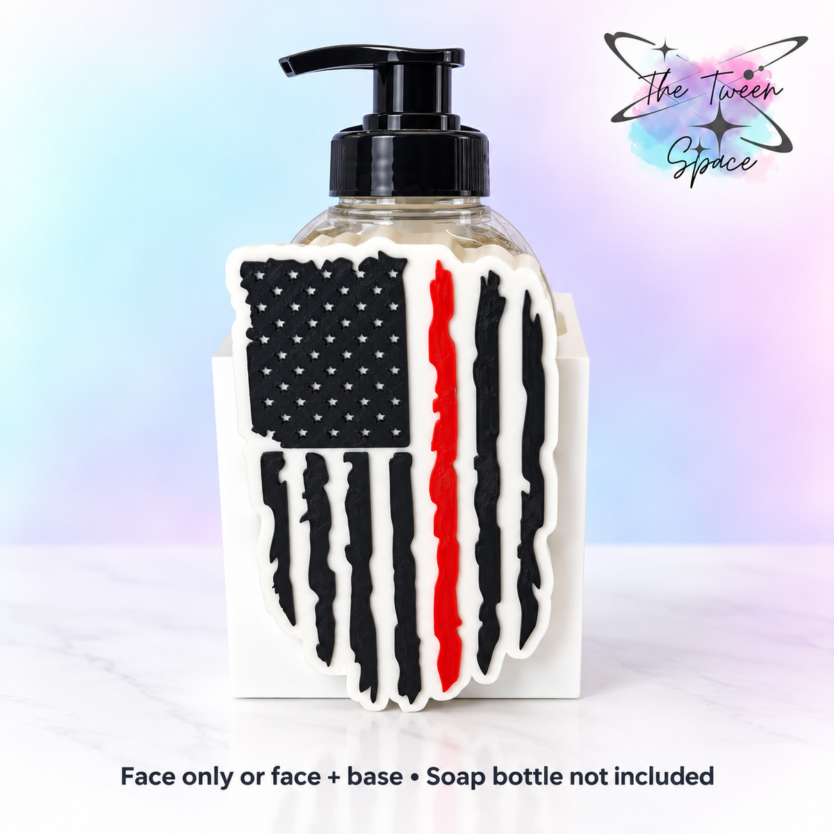 Thin Red Line Flag interchangeable face by The Tween Space; choose face only or face plus a standard soap-holder base. Soap bottle is for display only.