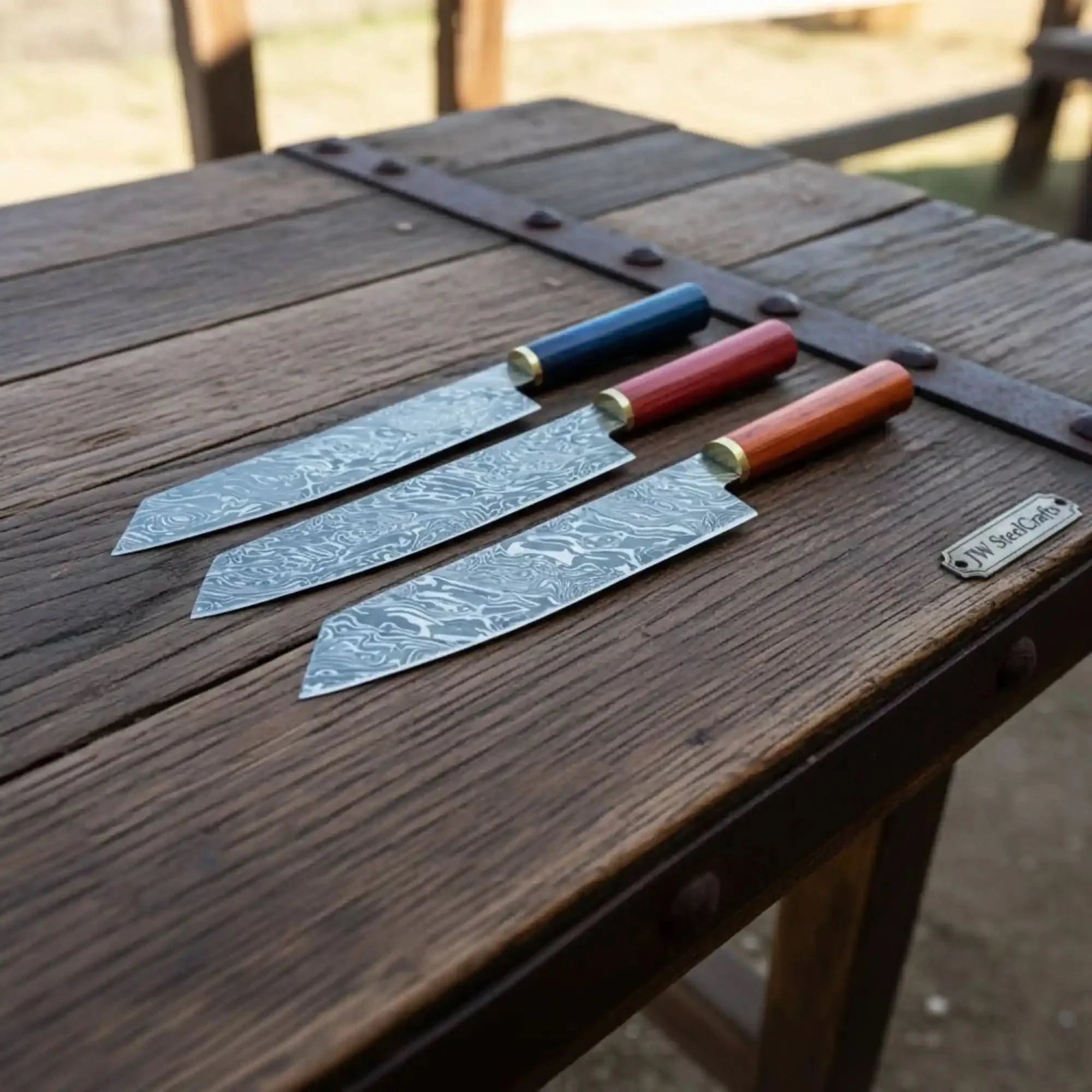 3-Piece Twisted Damascus Chef Knife Set — 9 Inch Blades, 14 Inch Overall, Multicolor Pakka Wood Handles & Brass Bolsters | JW Steel Crafts by JW SteelCrafts, Damascus knife main