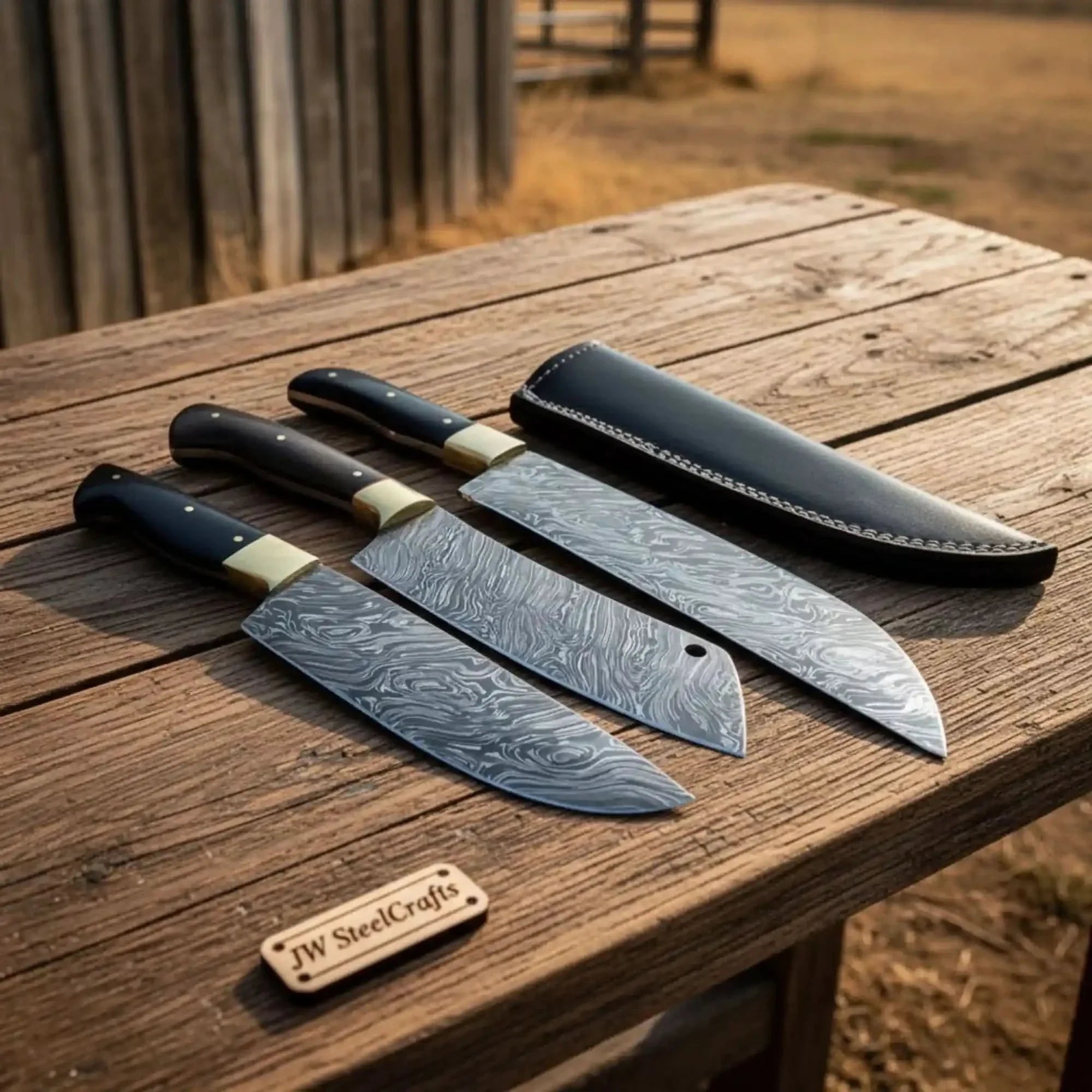 3 Piece Damascus Kitchen Knife Set, Gyuto, Santoku and Utility Knife, Handmade Damascus Steel Blades with Brass Bolsters and Black Handles, JW SteelCr by JW SteelCrafts, Damascus