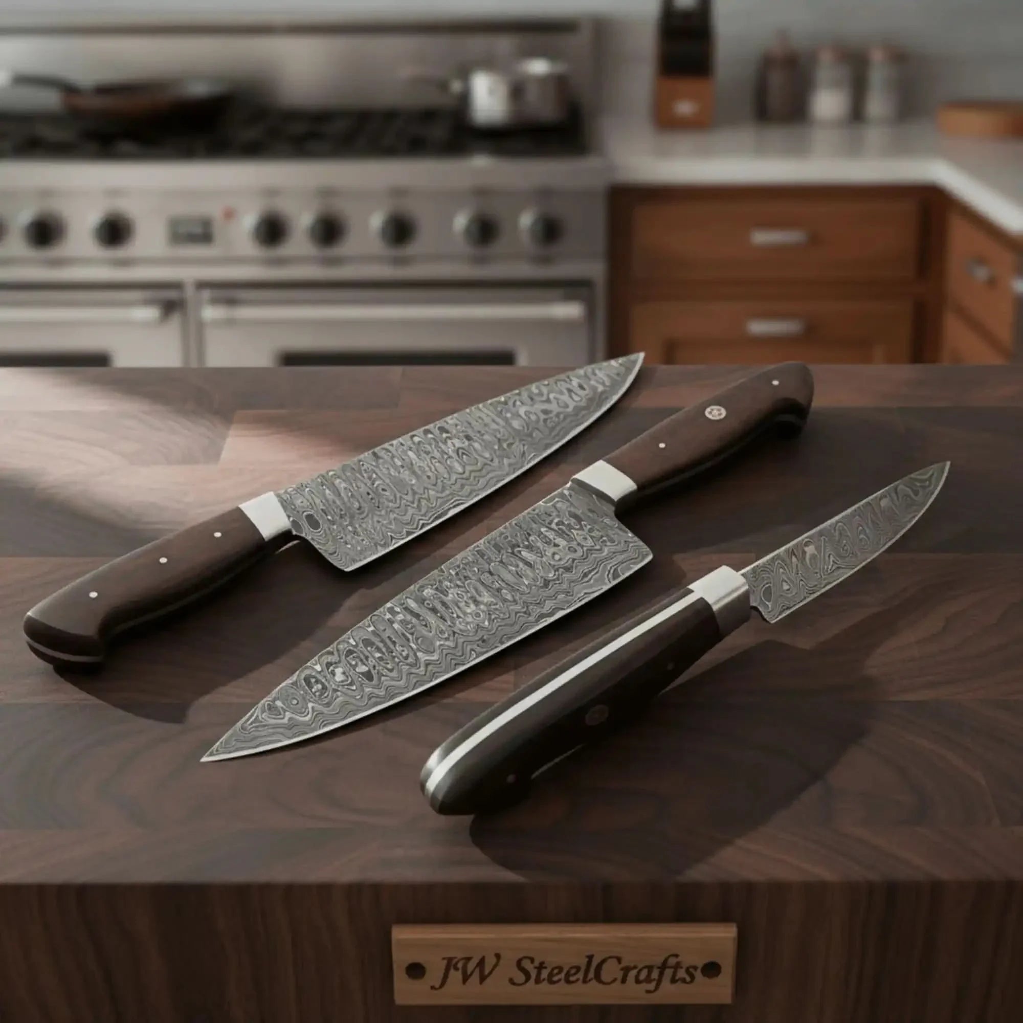 12" Ladder Damascus Gyuto Chef Knife — 7" Blade, Red Micarta Handle with Mosaic Pin | JW SteelCrafts by JW SteelCrafts, Damascus knife main product photo