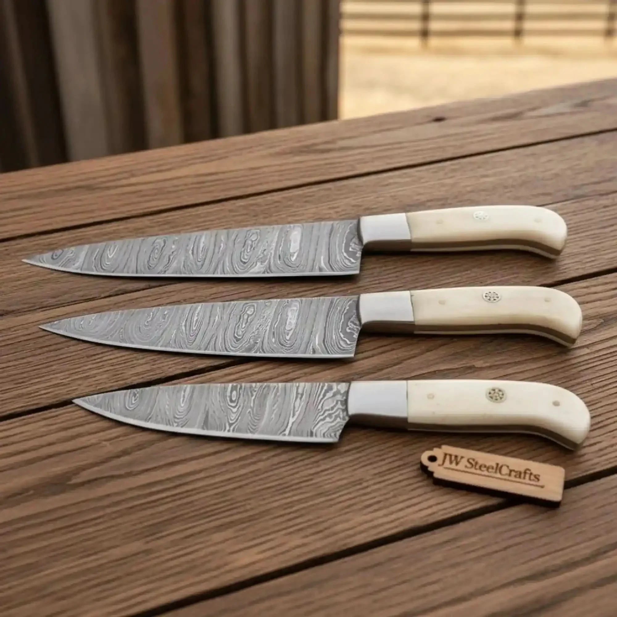 3-Piece Damascus Steak Knife with Twisted Damascus Blades, Camel Bone Handles, Steel Bolster, Mosaic Pin & Full Tang by JW SteelCrafts, Damascus knife main product photo