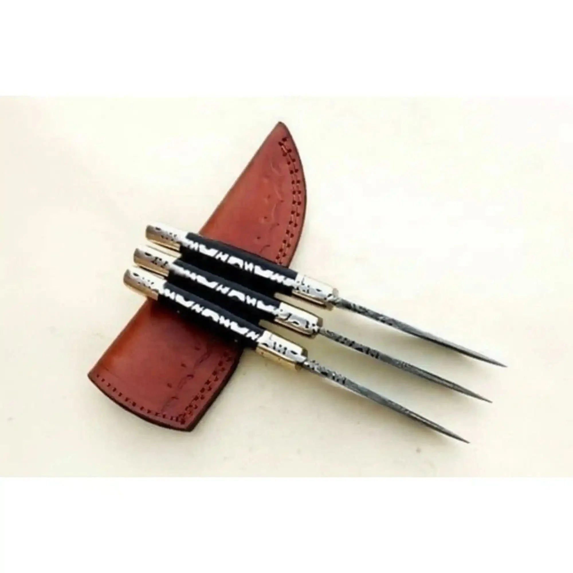 Damascus Hunting Knife Set Brass and Black Micarta Handle Fixed Blade Trio by JW SteelCrafts, Damascus knife detail photo 2
