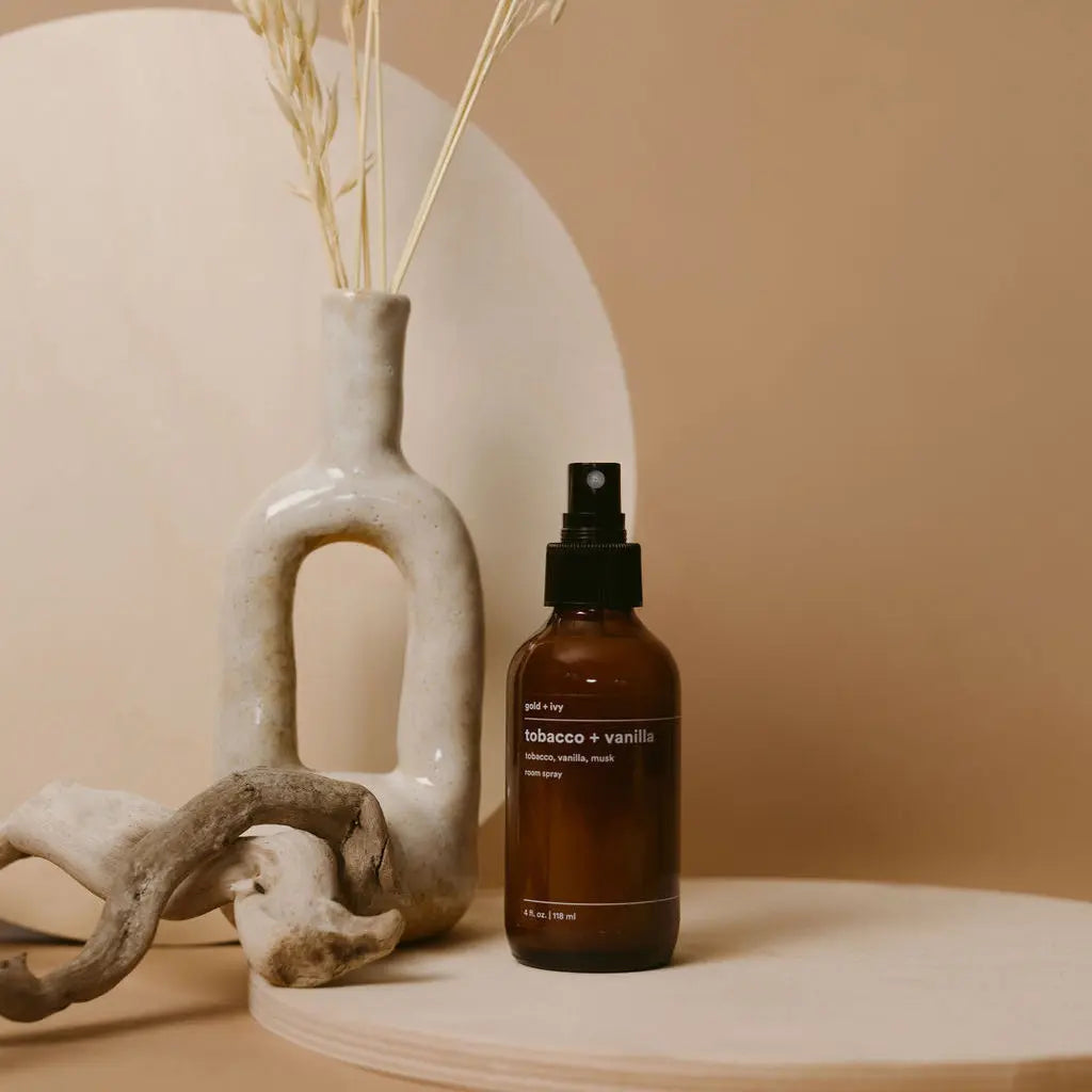 Tobacco + vanilla room spray by gold + ivy, scented candle detail photo 2