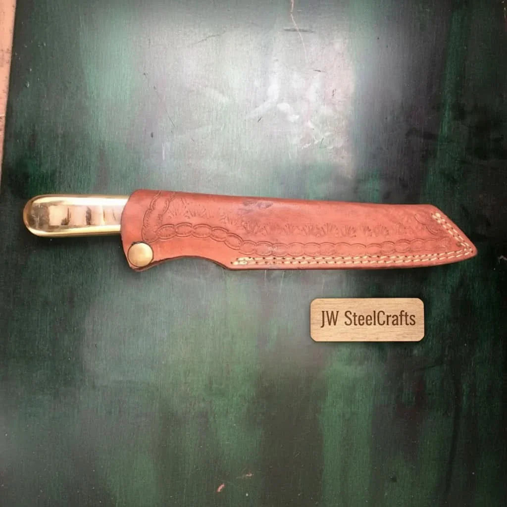 Premium Damascus Clip-Point Bushcraft Hunter — Twisted Pattern, Ram’s Horn & Brass Handle with Leather Sheath by JW SteelCrafts, leather knife sheath detail photo 2