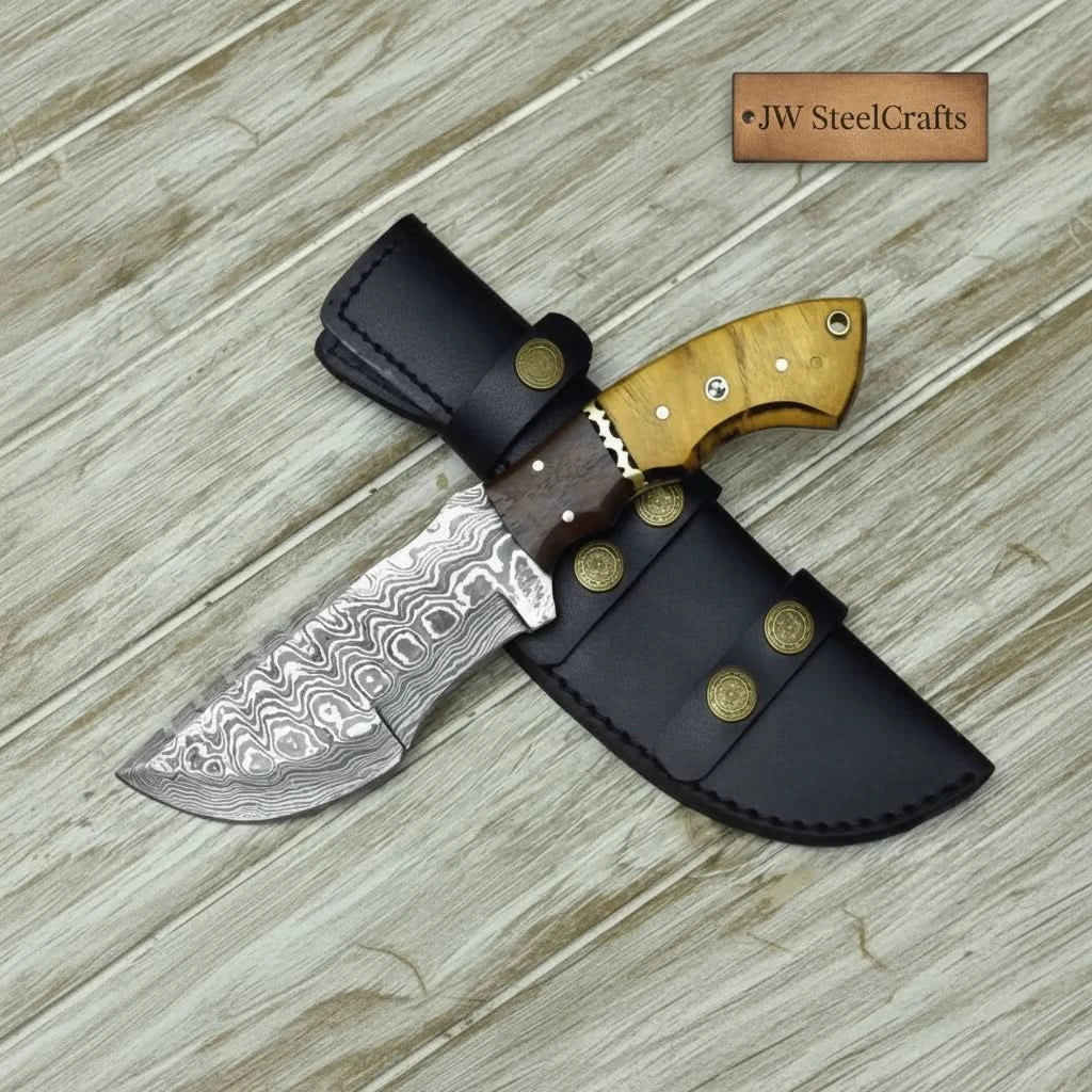 Tracker knife Custom, 10", DAMASCUS KNIFE, Damascus steel knife, hunting, exotic Yellow Heart & Walnut wood handle, leather sheath by JW SteelCrafts, leather knife sheath detail