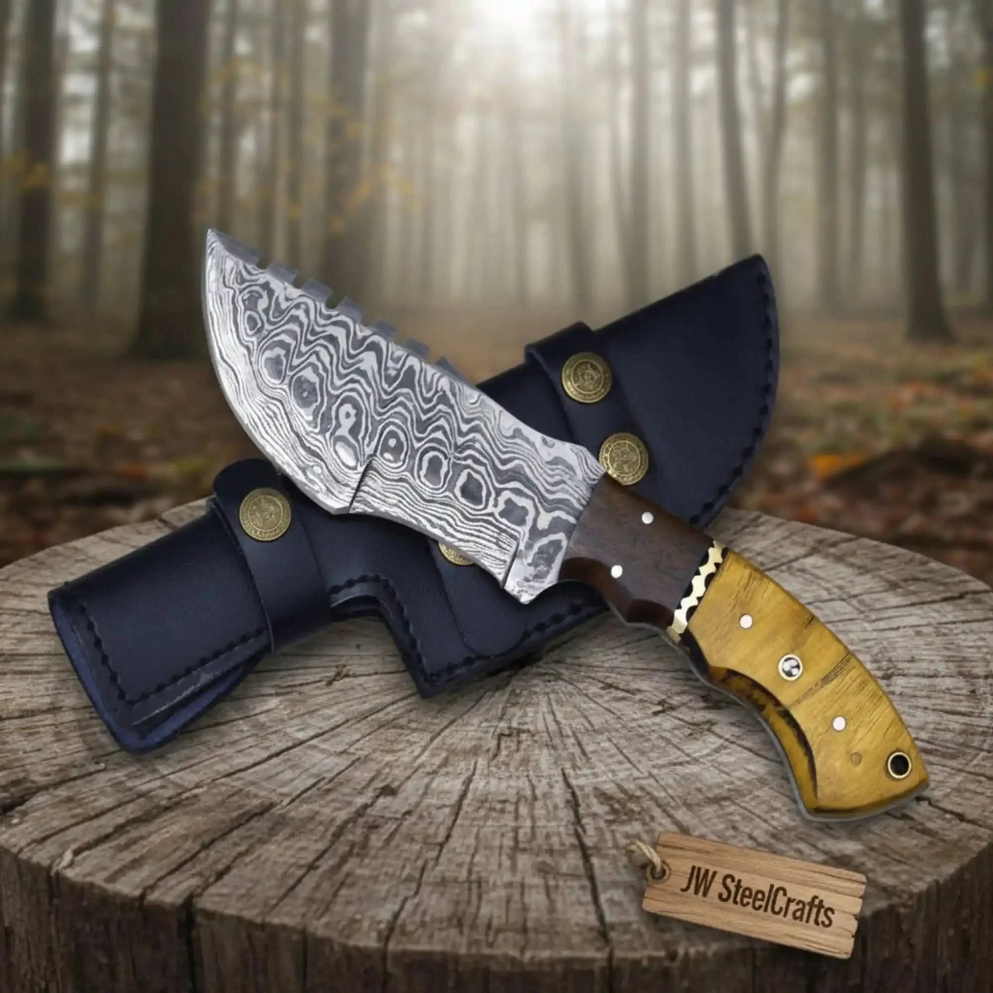Tracker knife Custom, 10", DAMASCUS KNIFE, Damascus steel knife, hunting, exotic Yellow Heart & Walnut wood handle, leather sheath by JW SteelCrafts, leather knife sheath main