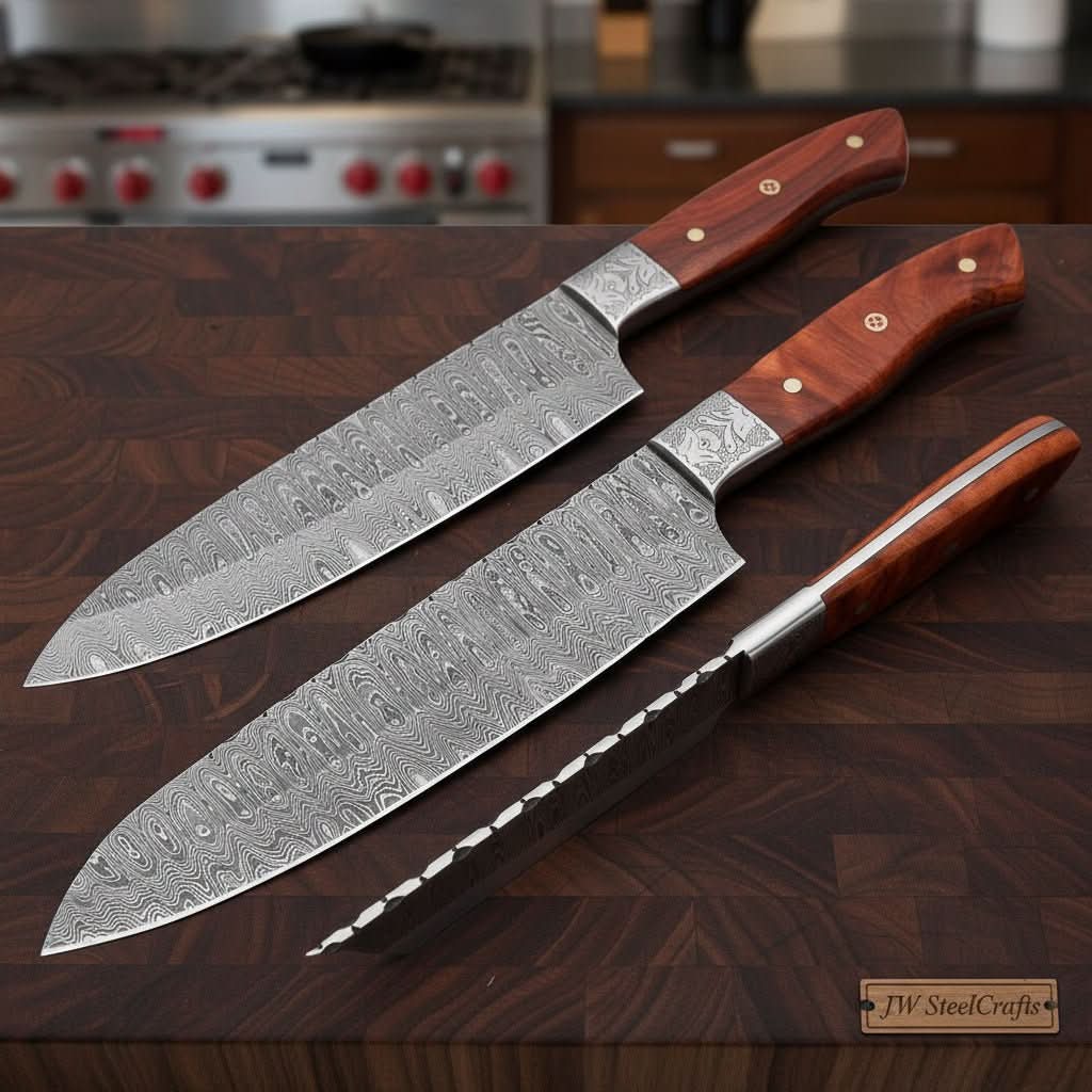 Handmade Damascus Gyuto Knife Set, Japanese Chef Knives with Forged Steel & Pakka Wood Handles by JW SteelCrafts, Damascus knife main product photo