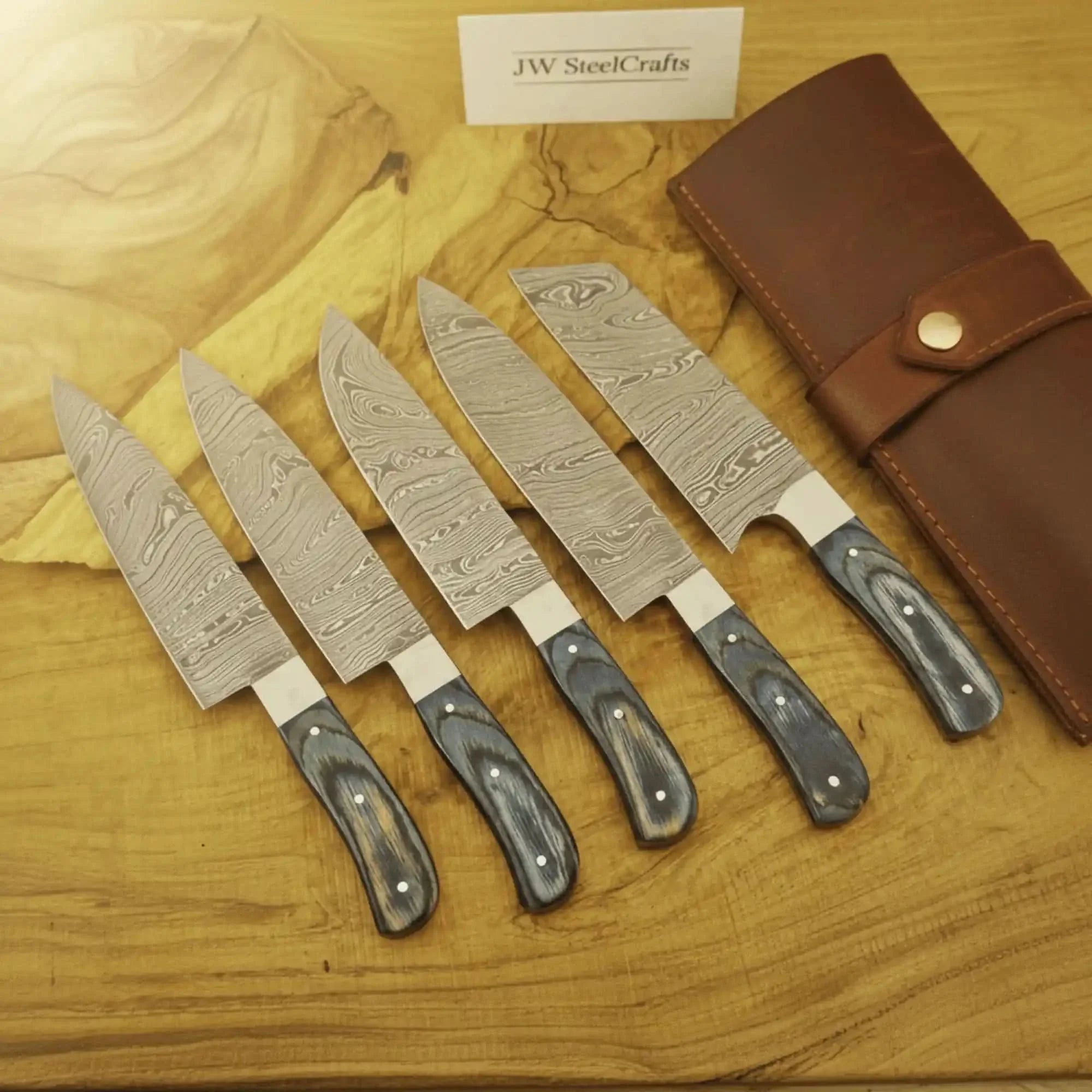 5-Piece Damascus Japanese-Style Knife Set — Chef, Santoku, Utility, Nakiri, Paring Blades by JW SteelCrafts, Damascus knife main product photo