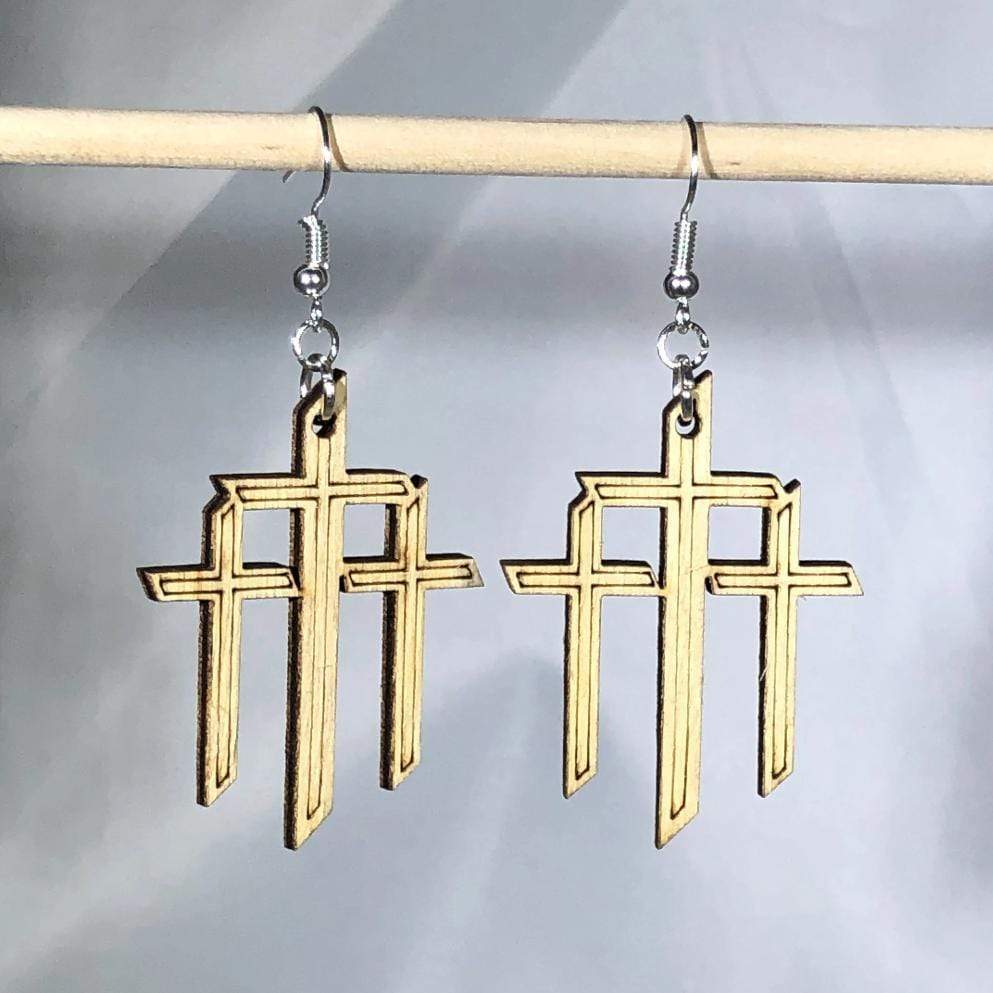 Triple Cross Wooden Dangle Earrings | Cross Symbol Jewelry detail view by Cate's Concepts, LLC