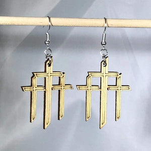 Triple Cross Wooden Dangle Earrings | Cross Symbol Jewelry detail view by Cate's Concepts, LLC
