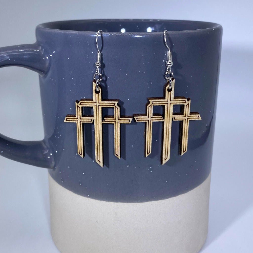 Triple Cross Wooden Dangle Earrings | Cross Symbol Jewelry detail view by Cate's Concepts, LLC