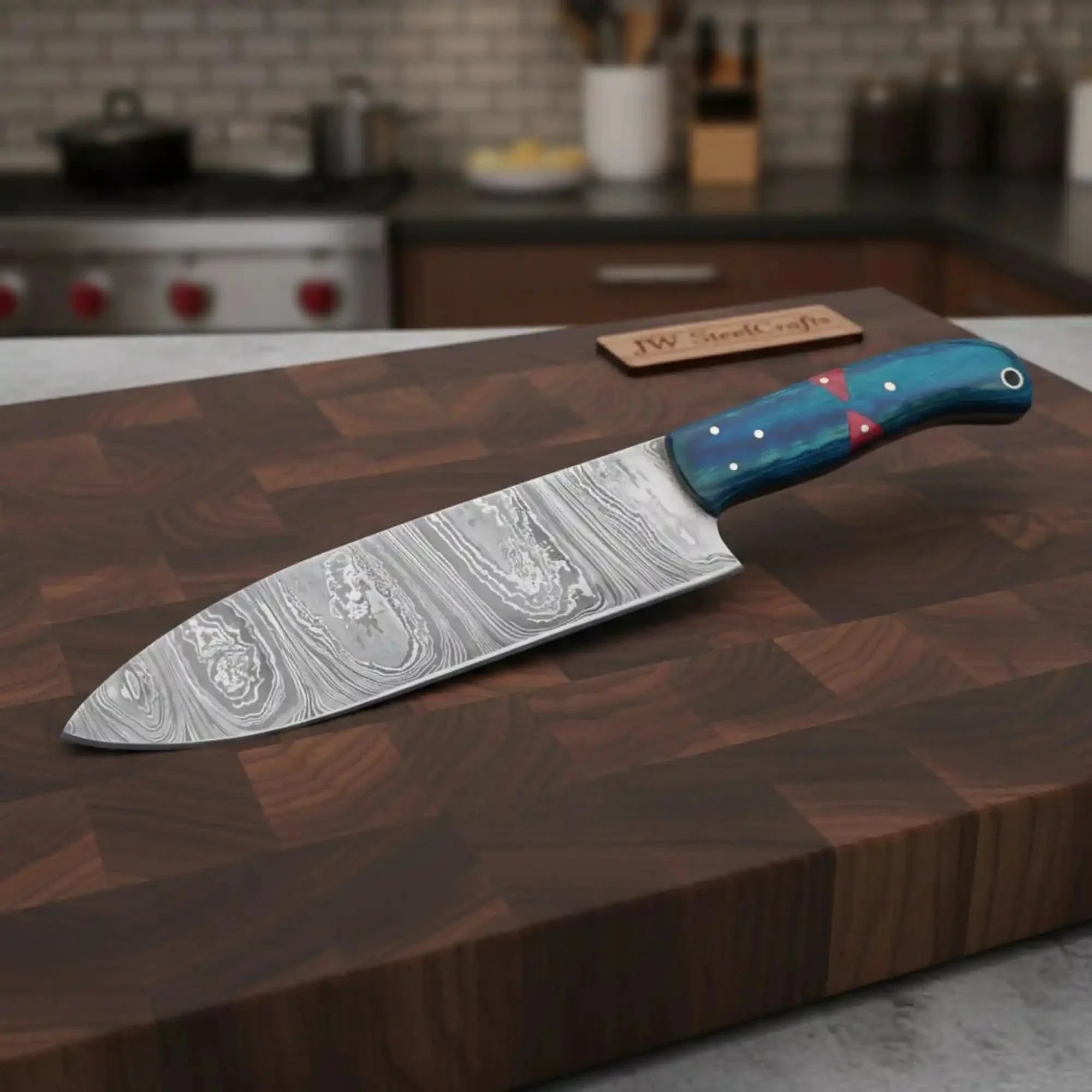 8-Inch Gyuto Chef Knife Twisted Damascus Blade with Blue & Red Pakka Wood Handle (Full Tang, Hand-Forged) by JW SteelCrafts, Damascus knife main product photo