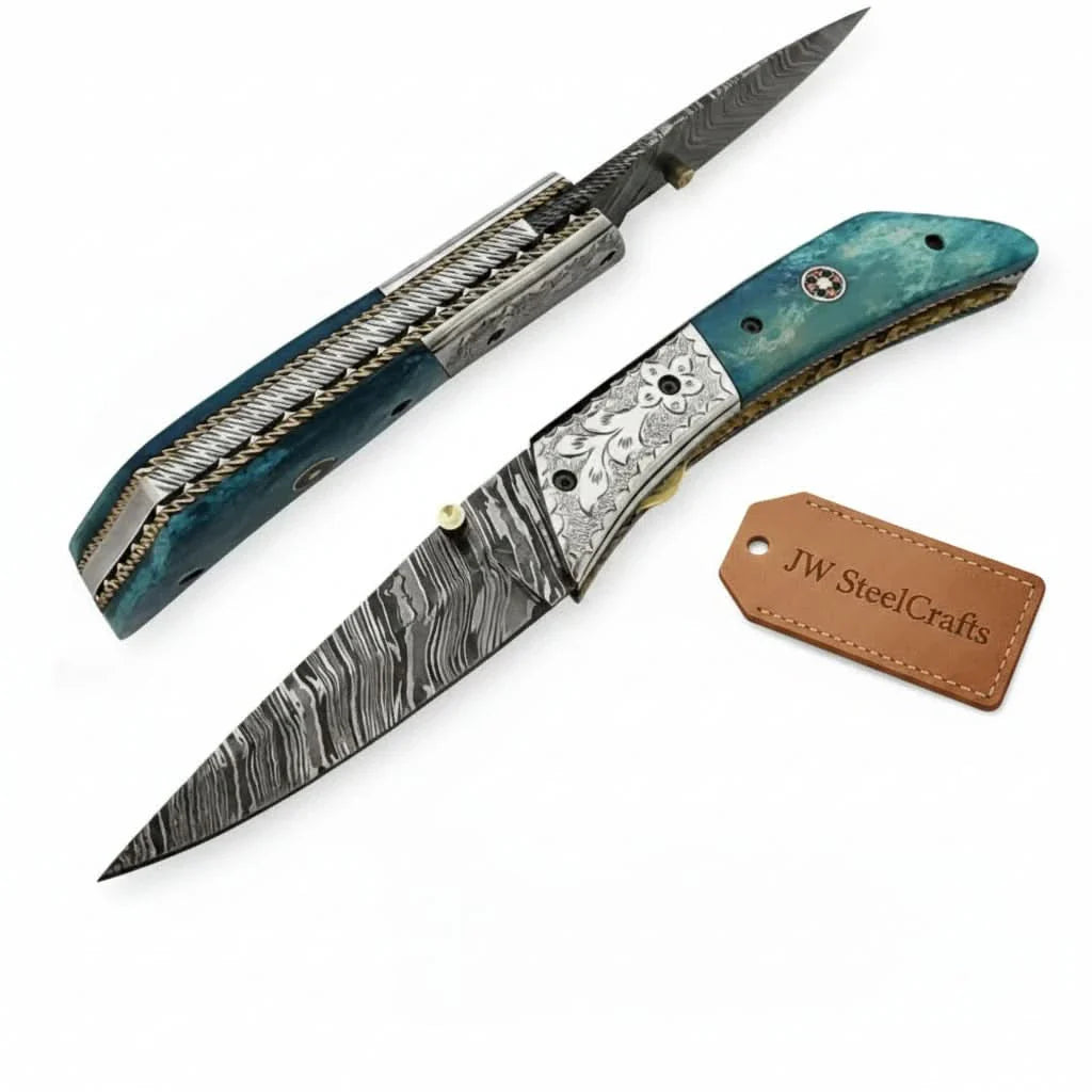 Handmade Damascus Steel Folding Knife with Teal Wood Handle & Engraved Bolster by JW SteelCrafts, Damascus knife main product photo