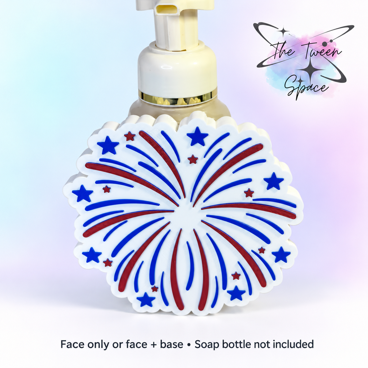 Red, white and blue fireworks interchangeable face; soap bottle not included.