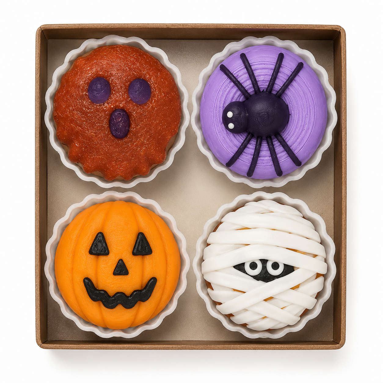 Assorted Halloween donut clicker gift box with ghost, spider, pumpkin and mummy fidget designs