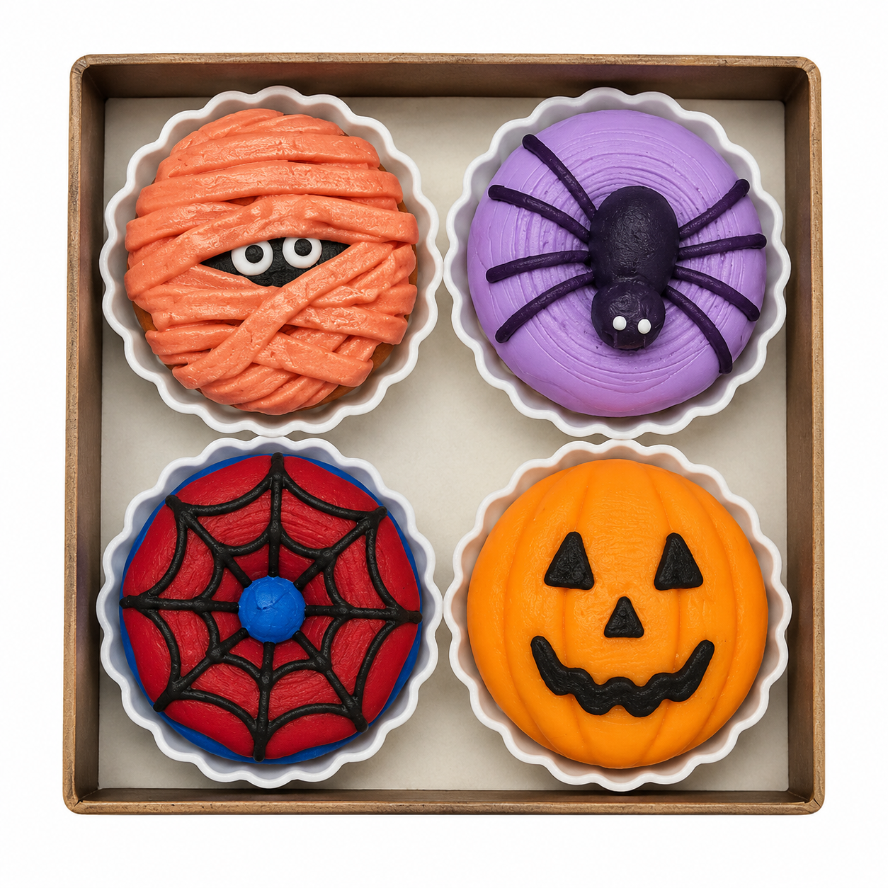 Halloween donut clicker assortment with mummy, spider, spiderweb and jack-o-lantern fidget designs