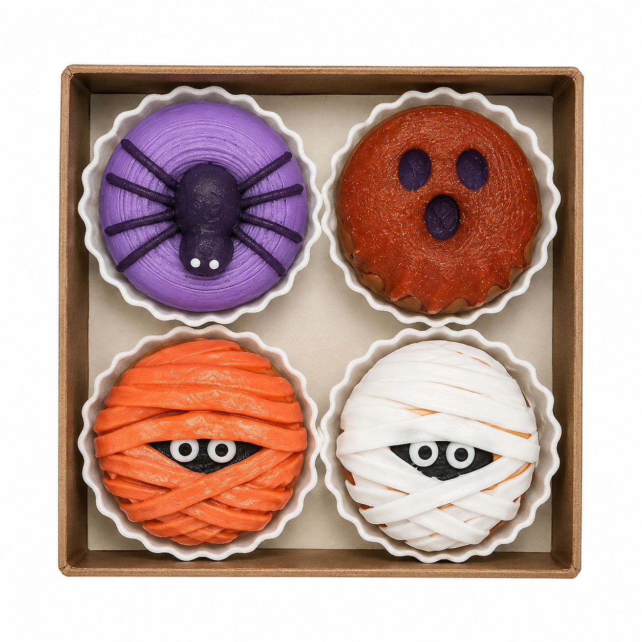 Gift box of mini Halloween donut clicker fidgets with spider, ghost, orange mummy and white mummy designs