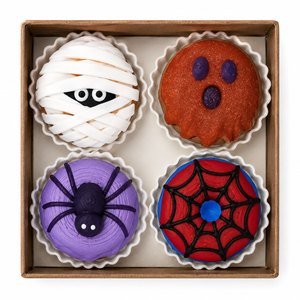Halloween donut clicker gift box featuring white mummy, ghost, spider and spiderweb mini fidgets