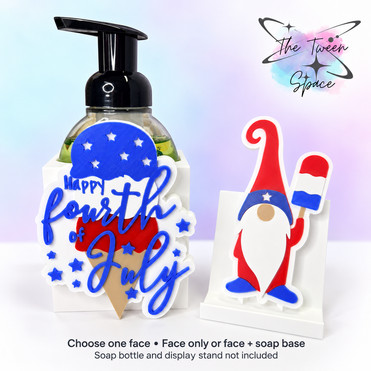 Happy Fourth of July and patriotic gnome interchangeable face choices. Choose one; soap bottle and display stand not included.