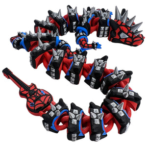 Red black blue and silver articulated punk spider dragon with spiked armor and guitar-shaped tail