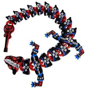 Top view of articulated punk spider dragon with black armor red joints silver spikes blue accents and guitar-shaped tail