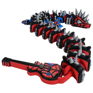 Close product view of punk spider dragon guitar-shaped tail with red web pattern black trim and blue accents