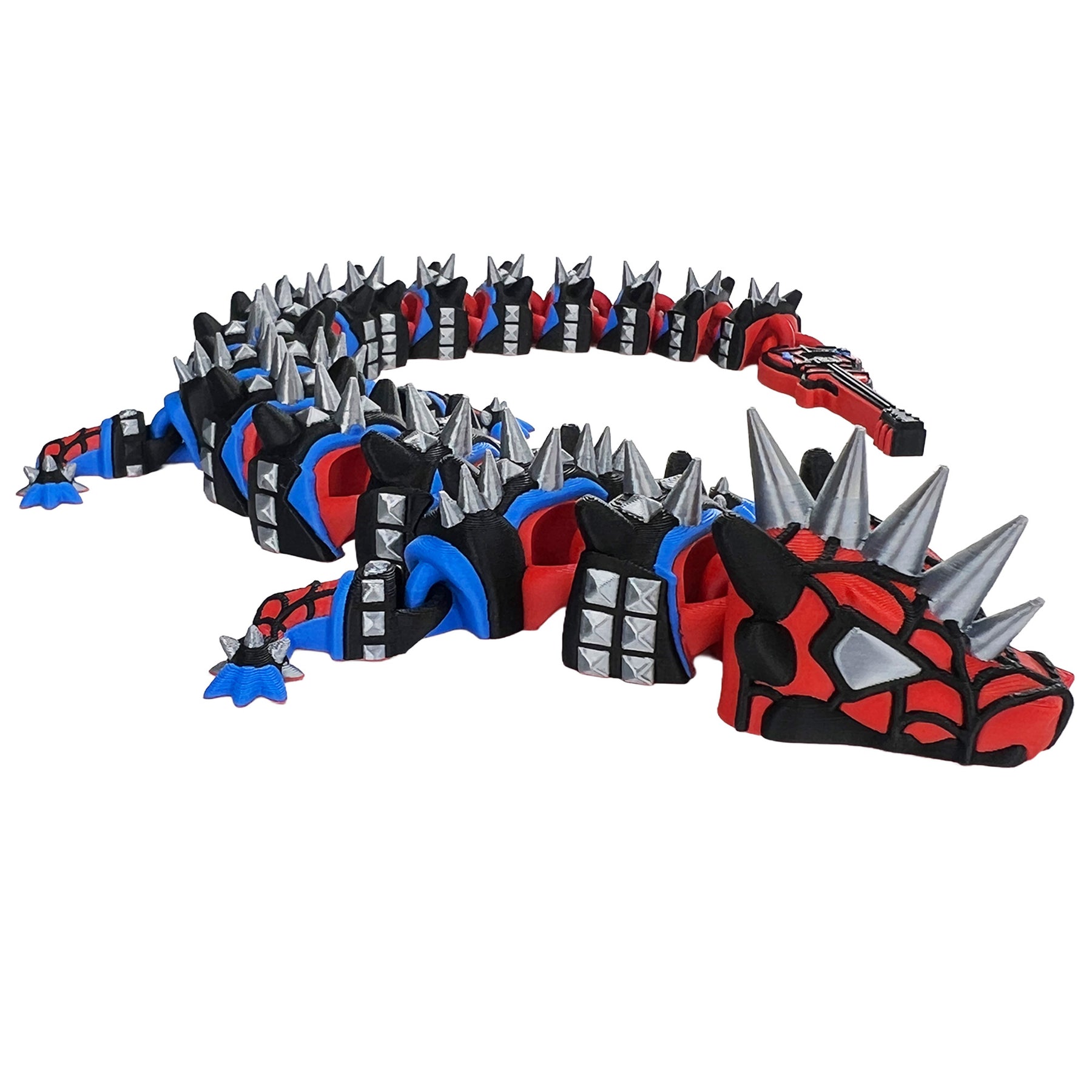 Front three-quarter view of punk spider dragon with spiked red web head segmented black armor blue accents and guitar tail