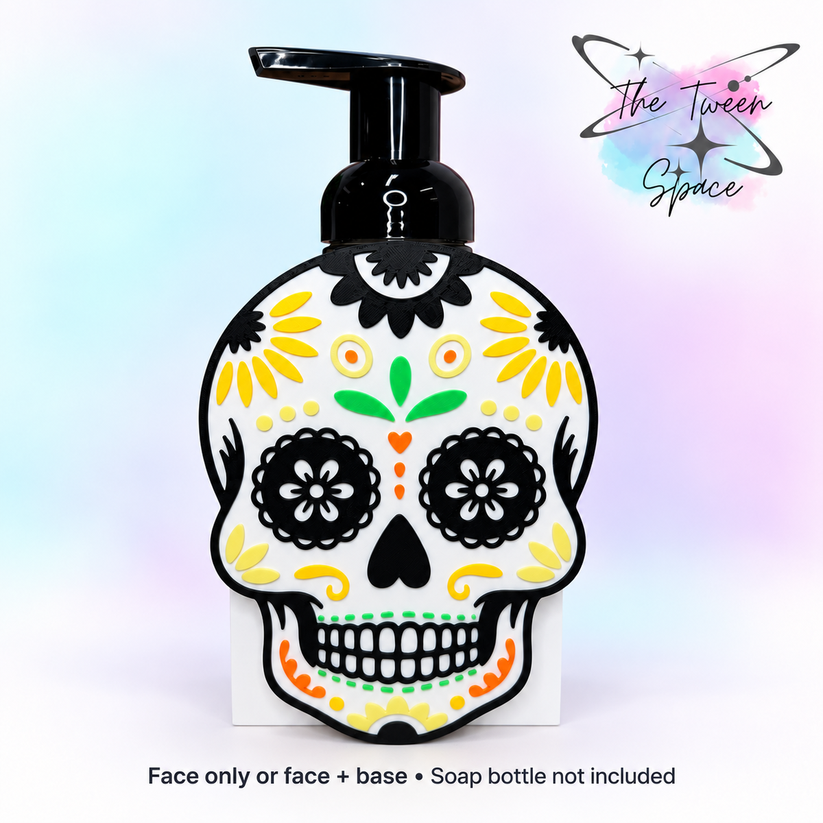 Colorful sugar skull interchangeable face on a white soap base; soap bottle not included.
