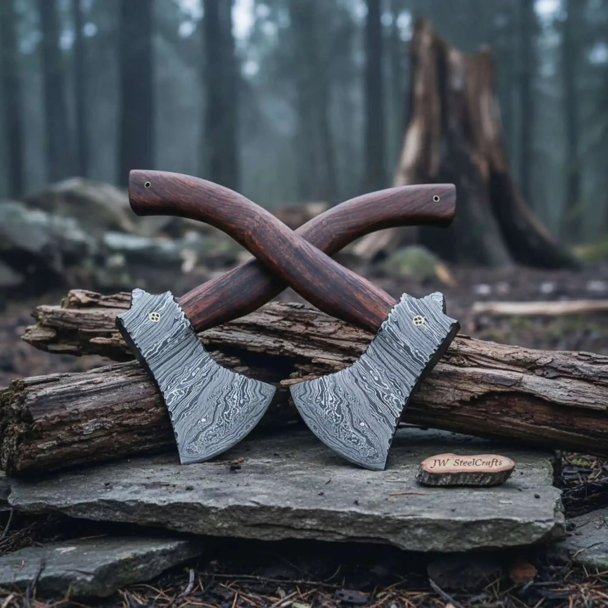 Authentic Norse Skeggøx Bearded Axe Set, Hand Forged Damascus Viking Axes with Hardwood Handles, Functional Bushcraft Hatchet Pair | JW SteelCrafts by JW SteelCrafts, Southern