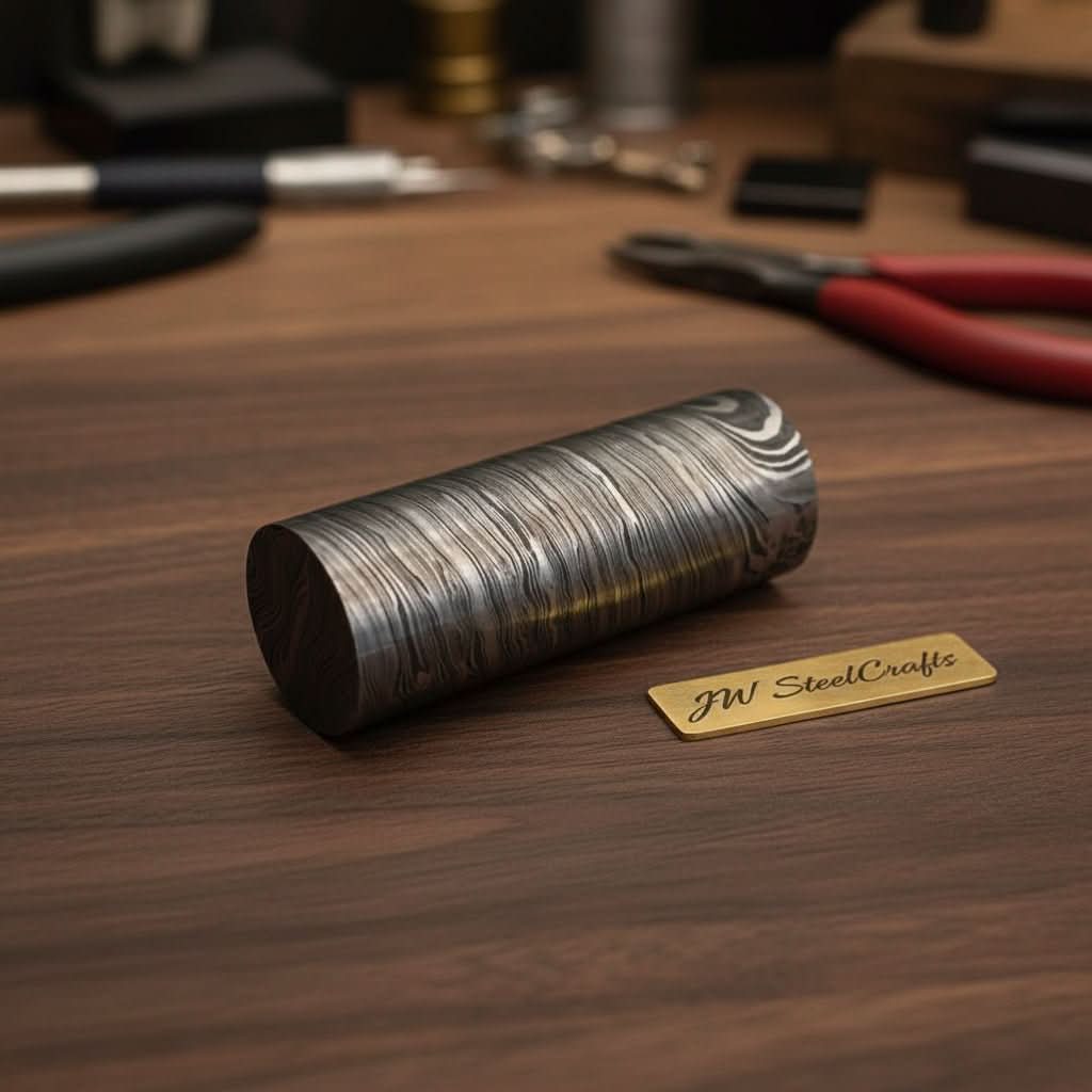 5 Inch Twisted Damascus Steel Round Billet Bar for Guards Rings and Jewelry Making by JW SteelCrafts, handmade jewelry main product photo