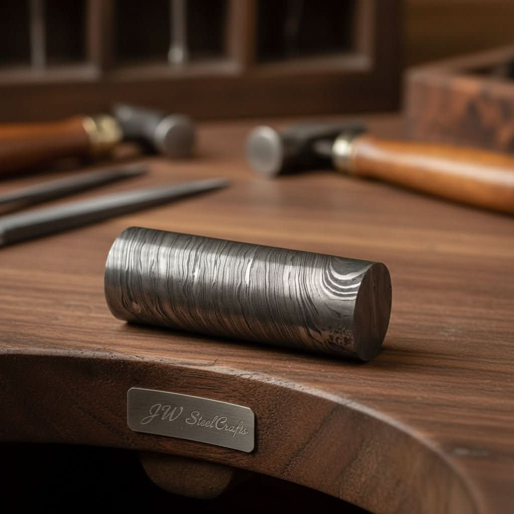 5 Inch Twisted Damascus Steel Round Billet Bar for Guards Rings and Jewelry Making by JW SteelCrafts, handmade jewelry detail photo 2