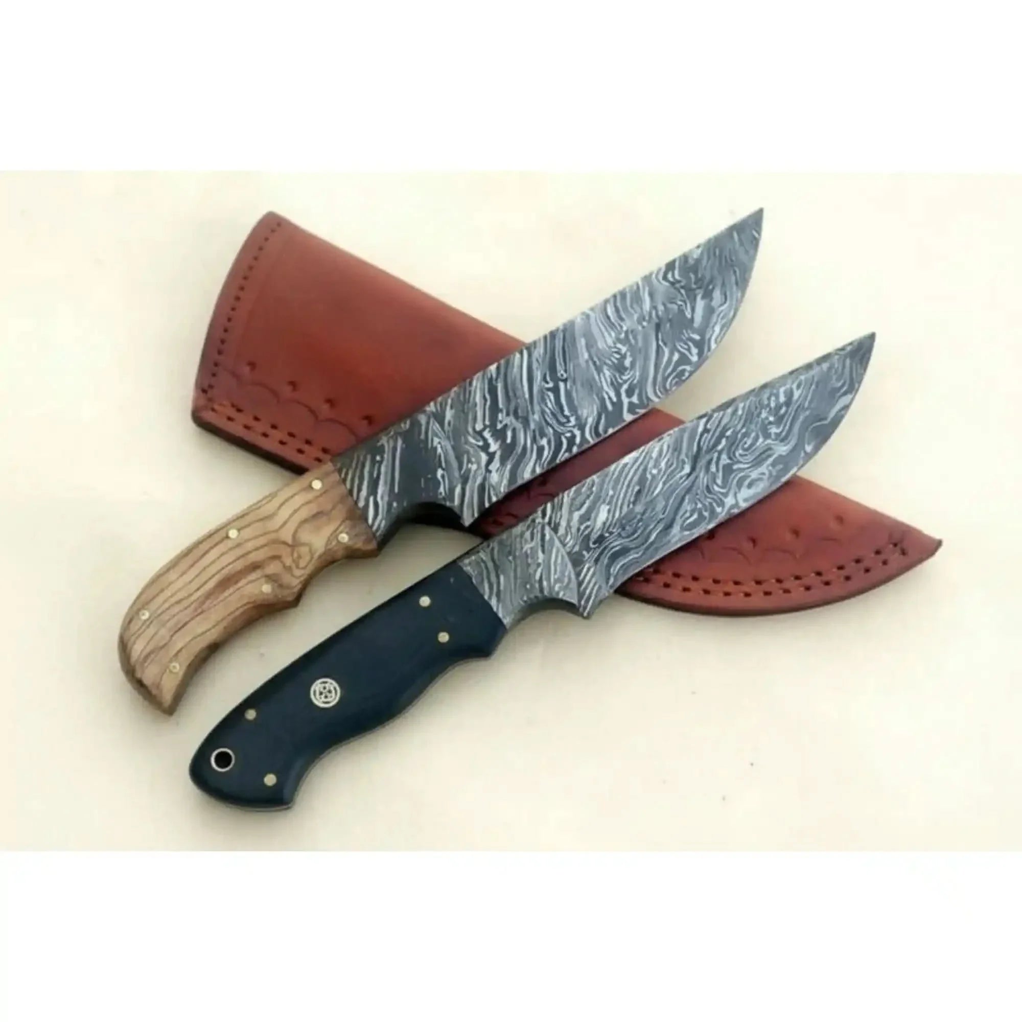 Handmade Damascus Steel Hunting Skinner Knife Lot of 2/ Fixed Blades knives with Leather Sheaths by JW SteelCrafts, leather knife sheath main product photo