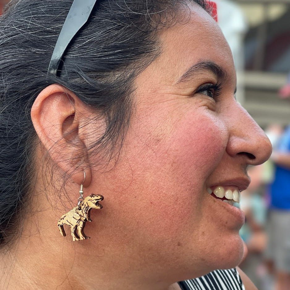 T Rex Dinosaur Wooden Dangle Earrings | Prehistoric Jewelry